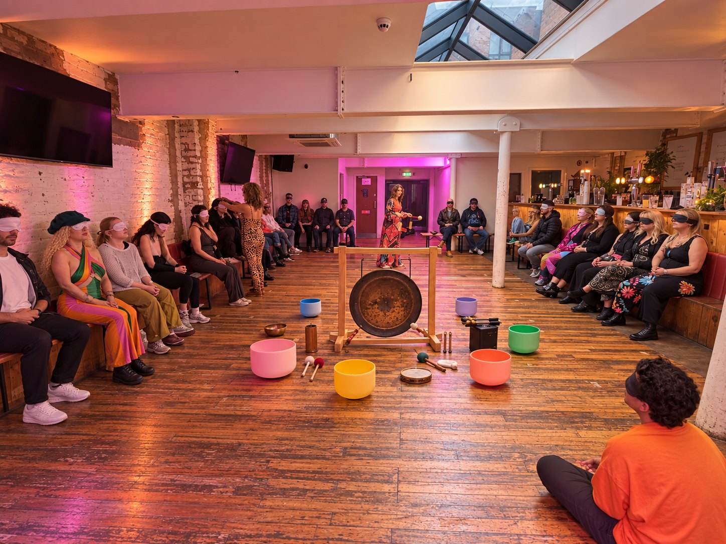 A circle of participants around colourful singing bowls and a gong